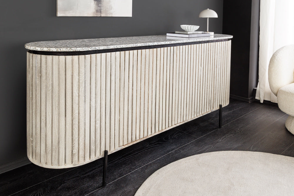 Massief dressoir ADLON 170 cm grijs geborsteld mangohout met wit marmeren blad - 47694