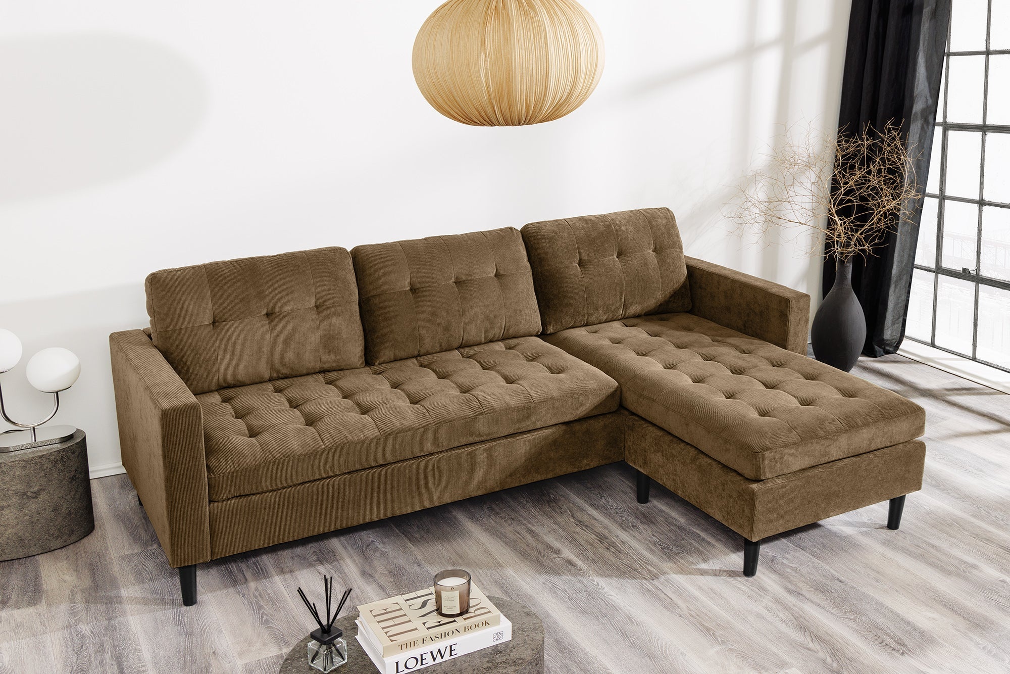 Retro hoekbank STOCKHOLM 220cm bruin corduroy Spring Core 3-zits - 44153