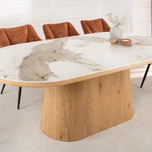 Ovale eettafel UNIQUE 200 cm wit natuurlijk keramiek eiken kolomvoet - 46381