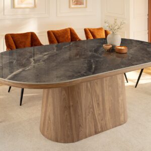 Ovale eettafel UNIQUE 200cm Grijsbruin Keramiek Walnoot Kolomvoet - 46380