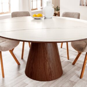 Ronde eettafel UNIQUE 120cm Wit Bruin Walnoot Hout Keramiek Marmeren Kolom Onderstel - 45144