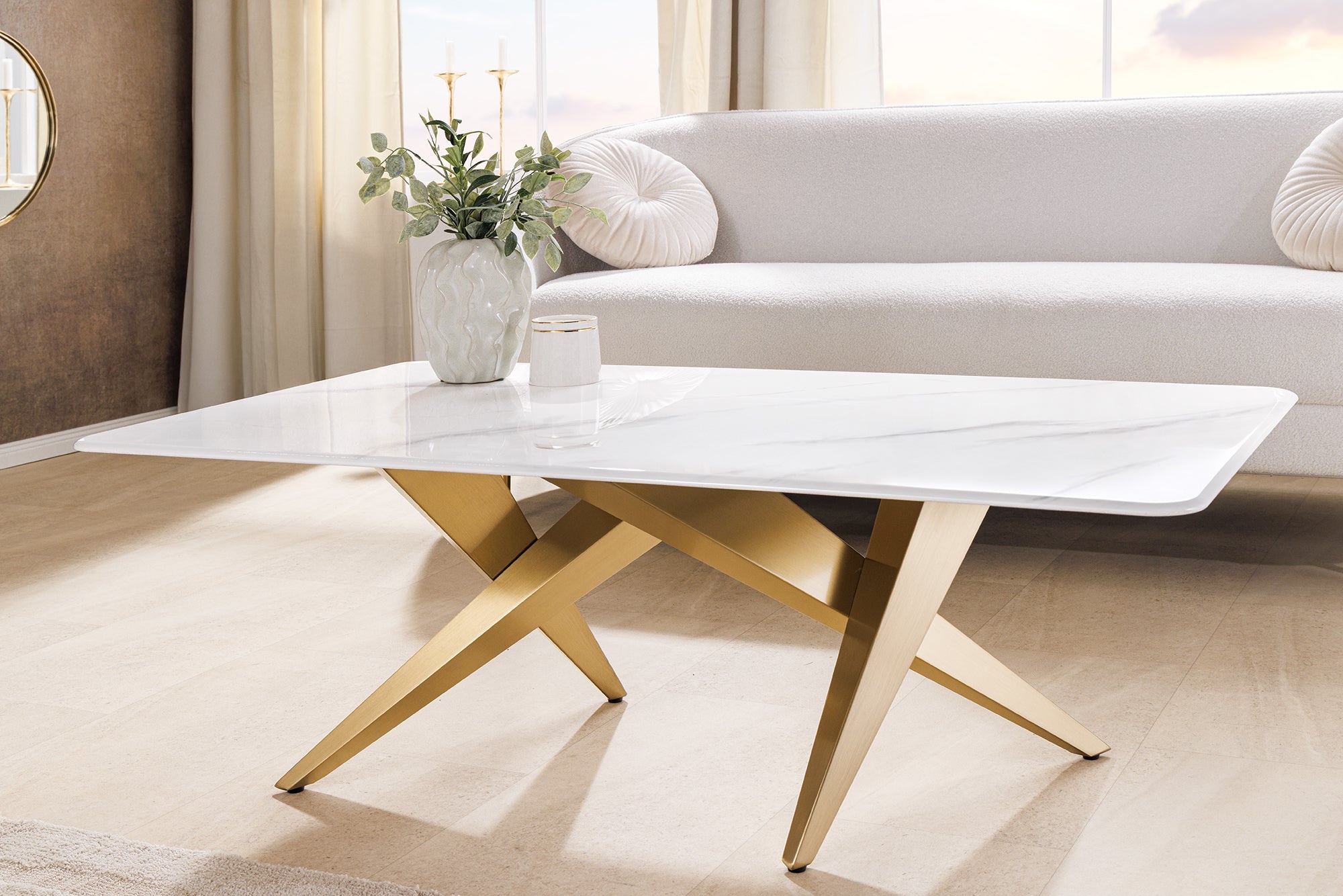 Moderne salontafel ART LIVING 130cm wit marmer keramiek champagne goud geborsteld - 46204