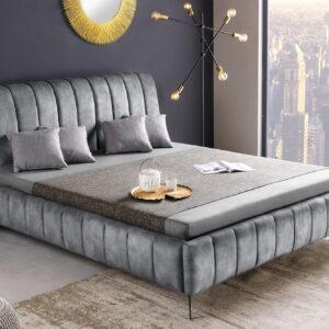 Retro Bed AMSTERDAM 180x200cm Grijs Fluweel Zwart Metaal Gestoffeerd Bed - 46164