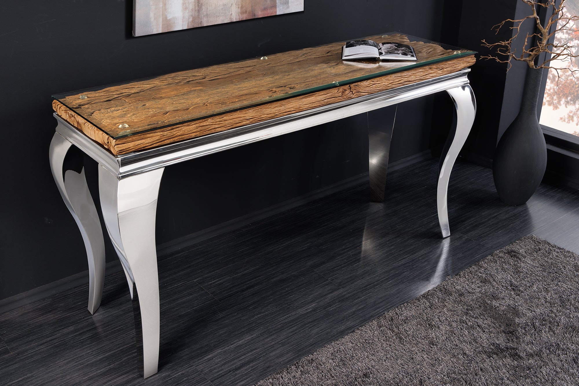 Design Console Tafel MODERN BAROK 140cm Naturel Chroom Teak Exclusief glazen blad- 44364