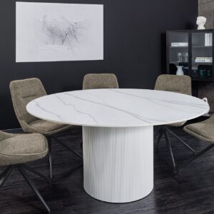 Ronde eettafel UNIQUE 120cm wit keramiek met zuilvoet - 46383