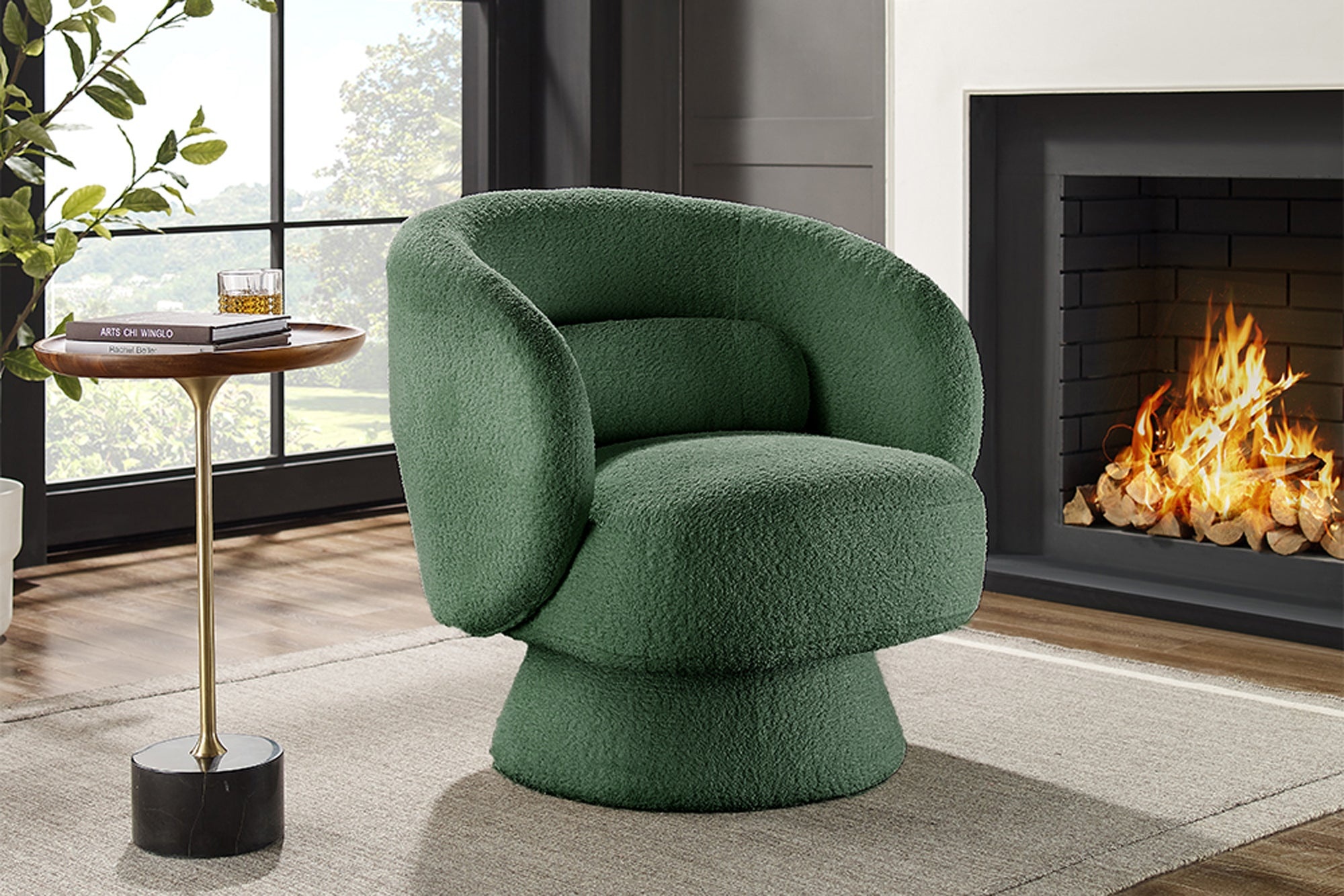Draaibare design fauteuil BOSSA NOVA 80cm mosgroen bouclé - 45840