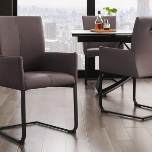 Moderne sledestoel SAMSON taupe grijs echt leer met armleuningen en metalen frame - 45175