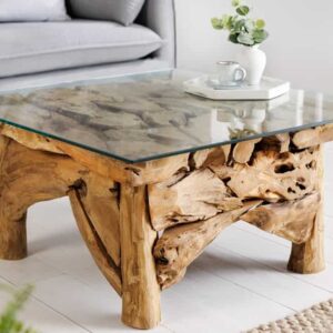 Maritieme salontafel RIVERSIDE 80cm Natuurlijk Teak Massief Glazen Blad Handgemaakt - 43199-1