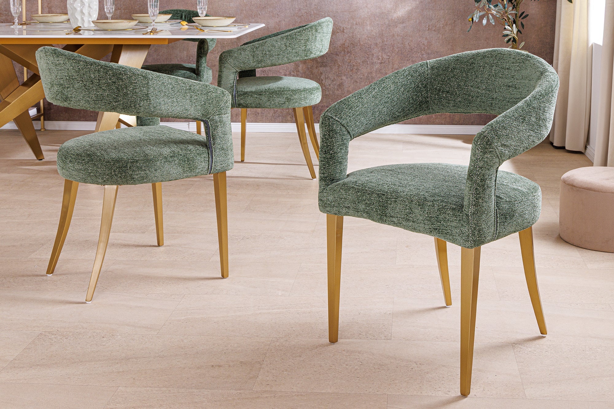 Scandinavische stoel BOUTIQUE groen getextureerde stof geborsteld champagne goud metaal - 45924