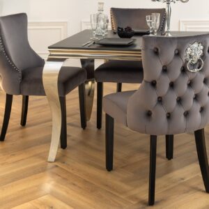 Chesterfield Stoel CASTLE DELUXE Grijs Fluweel met Leeuwenkoppen - 45732