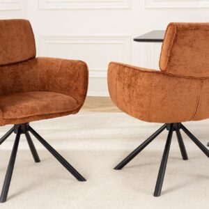 Draaibare Retro Stoel UNIEK Roestbruin Chenille Zwart Metalen Poten met Armleuning - 46319
