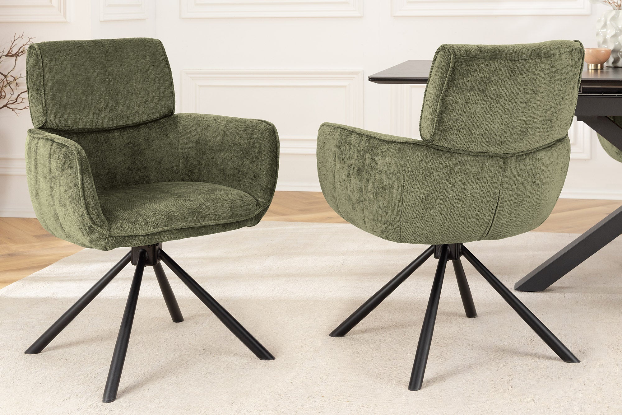 Draaibare Retro Stoel UNIEKE Groene Chenille Zwarte Metalen Poten met Armleuning - 46320