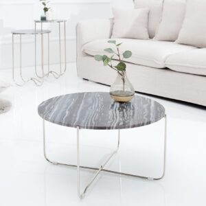 Exclusieve salontafel NOBLE 65cm grijs echt marmer rond zilver metaal - 38011
