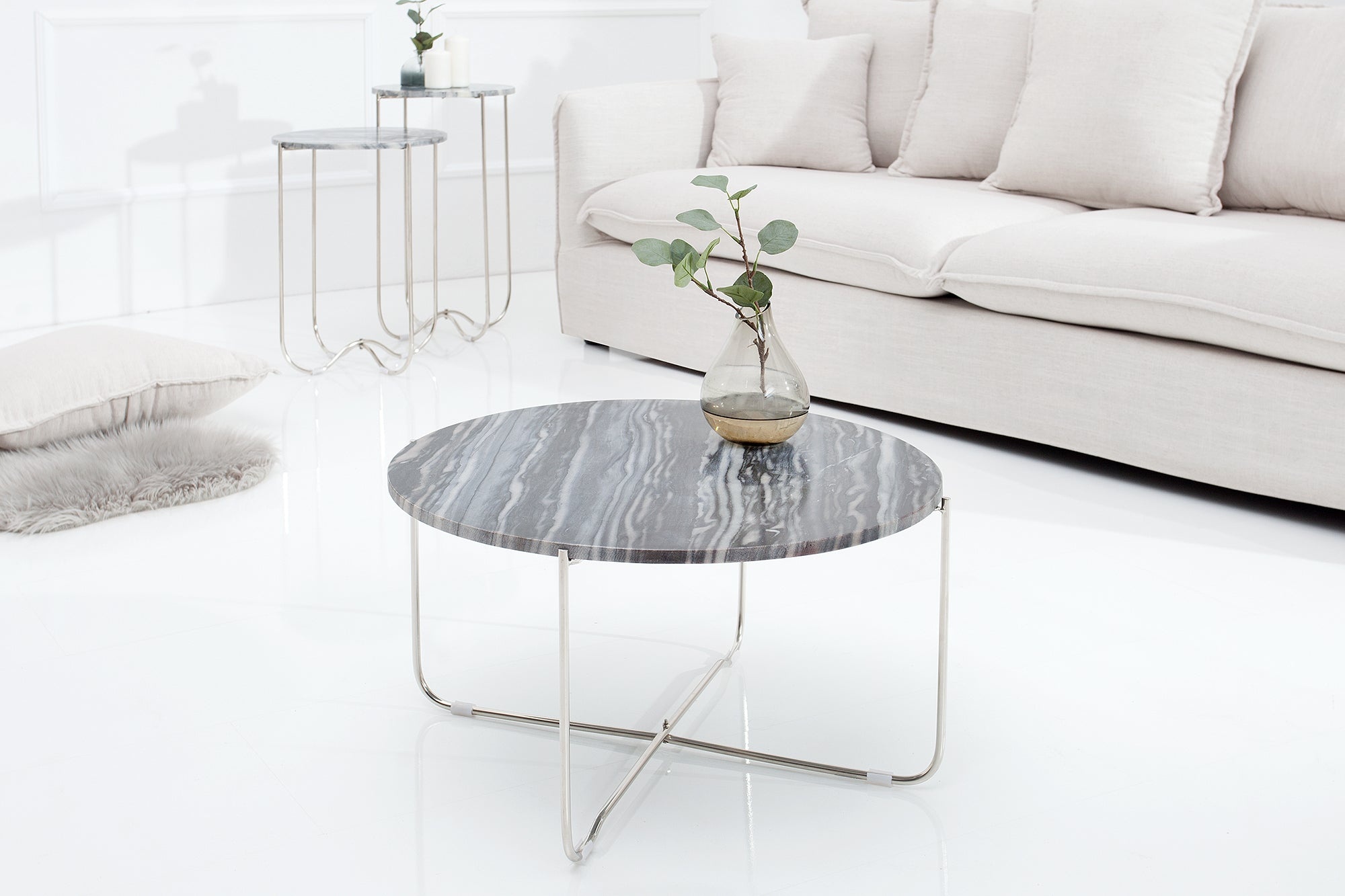 Exclusieve salontafel NOBLE 65cm grijs echt marmer rond zilver metaal - 38011