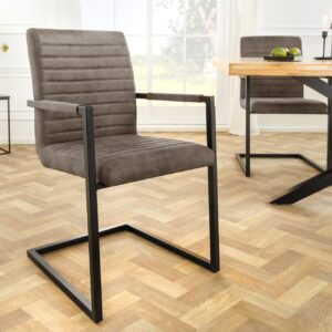 Moderne sledestoel LOFT taupe grijs microvezel met armleuning ijzeren frame zwart - 44409