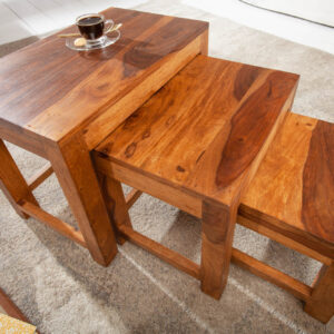 Massief houten bijzettafels Set van 3 MONSOON 45 cm bruine salontafel met sheeshamstenen afwerking - 40794