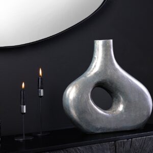 Handgemaakte vaas RING 30cm donkergrijs metalen decoratie bloemenvaas - 44864