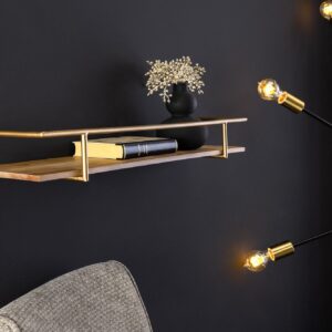Massieve wandplank HERITAGE 75 cm naturel grenenhout goud metaal - 44478