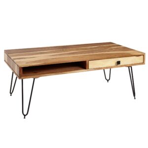 Salontafel BAGLI Massief Acaciahout 110 cm breed Woonkamertafel Design Metalen Poten Landelijke Stijl Bijzettafel Lade - WL1.514