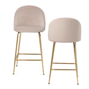 set van 2 barkrukken, fluwelen beige kruk met rugleuning en gouden poten, keukenkruk Scandinavische stof / metaal 110 kg, design barkruk, tegenkruk, bistrokruk gestoffeerd - WL6.943