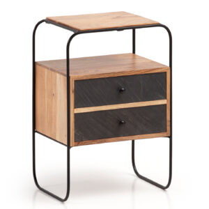 nachtkastje massief acaciahout/steenlook 40x60x30 cm nachtkastje boxspringbed | Industriële nachtconsole bruin met 2 lades & opbergruimte | Opbergruimte voor nachtkastje en metalen frame - WL6.779