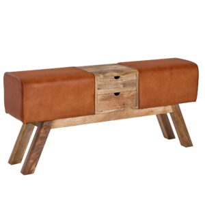Design Turnbock bank bruin met lades 120x56x30 cm | Gymkrukbank van echt leer met opbergruimte | Kruk garderobebank kruk Springbok turnbank - WL6.481