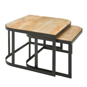 salontafel set van 2 Mango massief houten / metalen salontafellamp | Industriële bijzettafel bijzettafel metalen poten zwart | 2-delige placemat bijzettafel van hout - WL6.340