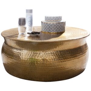 salontafel KARAM 75x31x75 cm aluminium gouden bijzettafel oosterse rond | Plat gehamerd koffietafeltje metaal Design salontafel modern | Tafel klein Indiaas stub tafel klein - WL5.453